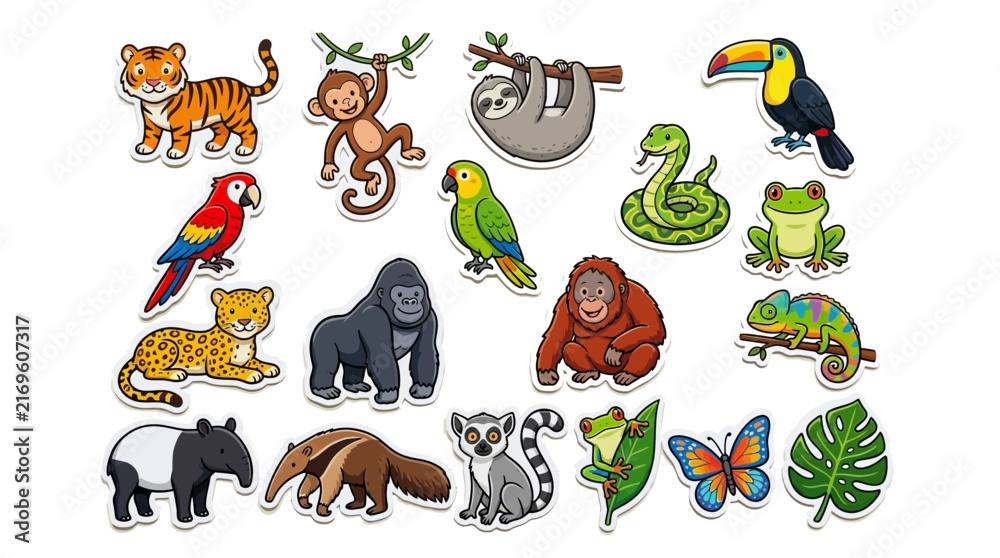 Naklejka premium Collection of colorful cartoon animal stickers on a white surface