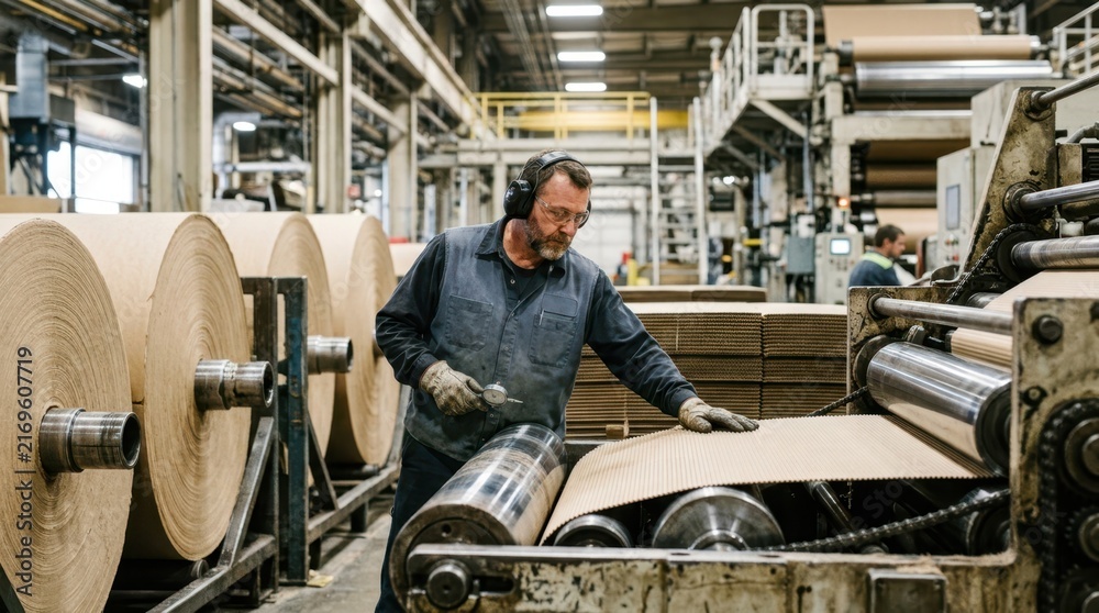 Fototapeta premium Paper mill worker checks kraft paper rolls, corrugated sheets, and converting rollers on a packaging production line.