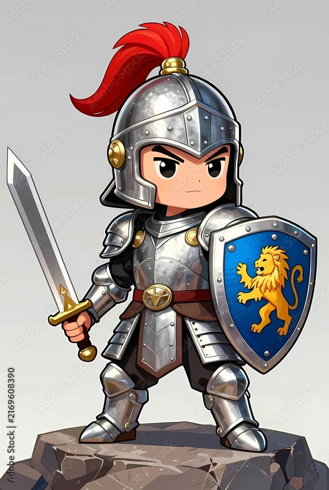 Obraz premium Cute chibi knight character in silver armor with sword and lion shield standing on stone
