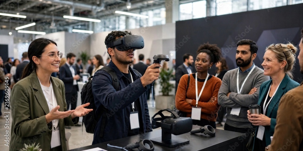 Obraz premium Attendees Testing Virtual Reality Headset at Technology Expo