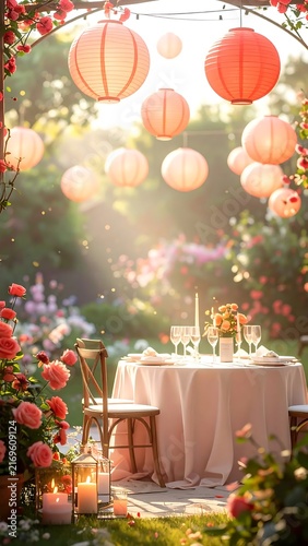 Romantic outdoor garden dinner setting with hanging lanterns and roses.