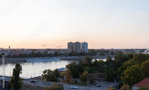 High-angle view of the Danube River flowing through Novi Sad, Serbia at sunset