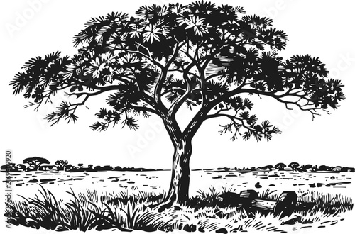 black and white engraving of a solitary tree in a grassy landscape with distant bushes