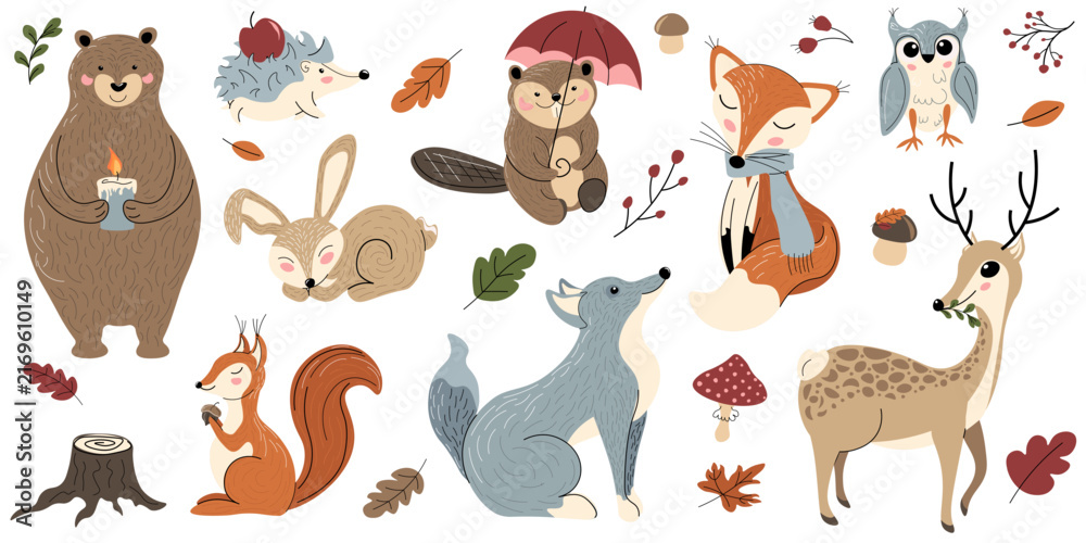 Obraz premium Cute autumn woodland animals clip art set. Bear, fox, deer, beaver, rabbit, hedgehog, squirrel, owl and wolf. Forest friends collection. Ideal for nursery and fall designs. Hand drawn vector graphic.