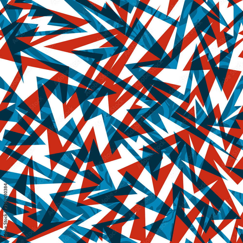 Fototapeta premium Abstract geometric camo seamless pattern, sharp angular lines and overlapping triangles background for sportswear and jersey design