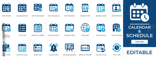 Calendar and schedule icon set with organize planner timeline, management appointment checklist, and booking countdown symbols.