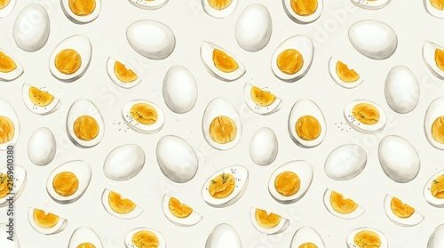 Hand Drawn Farm Fresh Eggs Pattern On Neutral Surface Watercolor seamless pattern featuring whole and sliced boiled eggs with rich yellow yolks watercolor seamless pattern egg eggs chicken food yolk