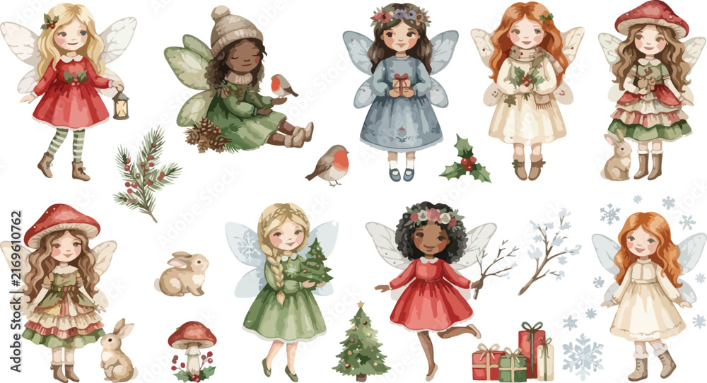 Fototapeta premium Set of cute watercolor fairies wearing winter clothing and festive christmas outfits isolated on a white background for holiday design projects