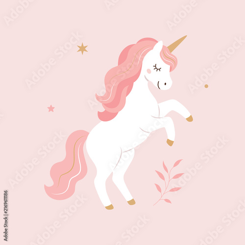 Standing unicorn illustration with a pink mane and tail, golden horn, and pastel colors. Magical fantasy character resting peacefully, ideal for nursery decor, children’s designs, stickers, and print