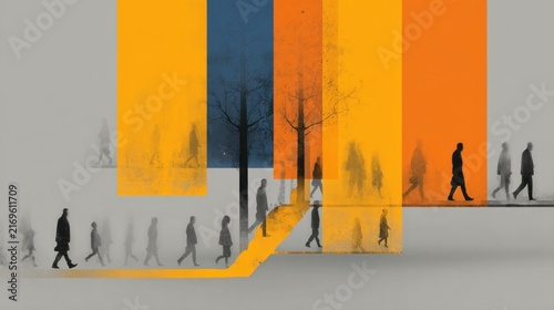 Many people walking in a line in a line genealogy tree concept