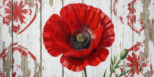 Vibrant red poppy blossom with a bud illustration on rustic white distressed wooden background