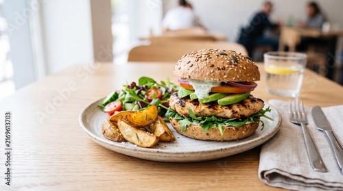 Gourmet Burger Meal: A delicious gourmet burger served with fresh salad and potato wedges on a wooden table in a modern cafe, perfect for a casual lunch.