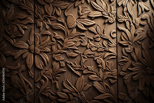 IA generated Balinese carved wood panel texture in teak. Tropical resort interior surface with dramatic raking light depth.
