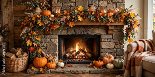 Cozy Autumn Fireplace Decorated With Pumpkins and Fall Garland