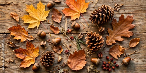Autumn Leaves Pine Cones and Acorns on Rustic Wood Background