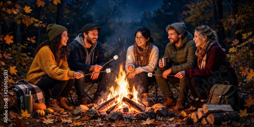 Friends Roasting Marshmallows Around Autumn Campfire