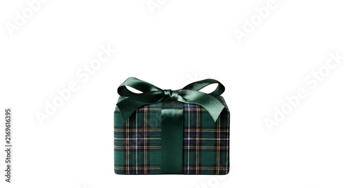Obraz na płótnie Plaid wrapped gift box with a dark green ribbon