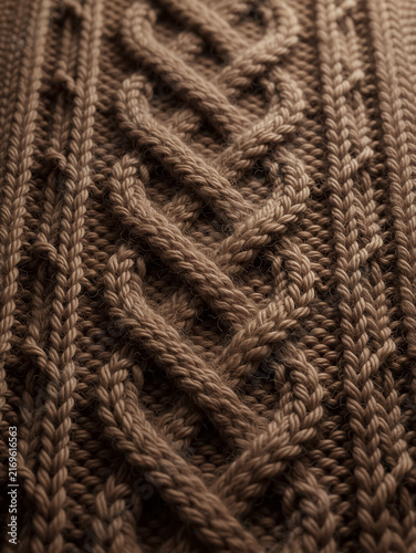 Close-up of a brown knitted wool sweater with a textured cable stitch pattern.