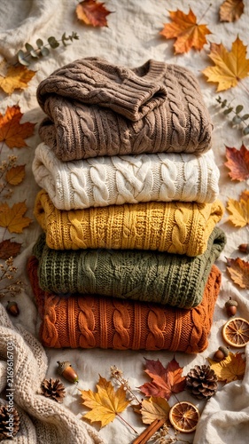 Stack of Knitted Sweaters With Autumn Leaves and Cozy Decor