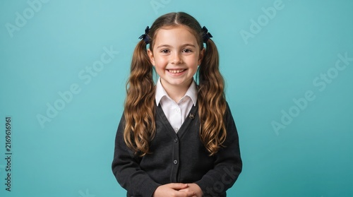 Cheerful young schoolgirl in uniform smiles brightly at the camera on a teal background