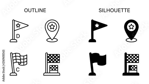 Canvas Print Flag Icon Collection: A set of graphic icons representing flags, including a star flag, location pin with star, and racing checkered flag, presented in both outline and silhouette styles