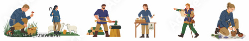 Photography Set of medieval or historical village people illustrations including woodcutter, shepherd, market seller, mushroom forager, traveler, and farmer