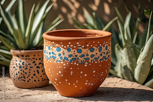 IA generated Talavera dot terracotta planter mockup. Mexican botanical shop branding template with sun-baked clay texture.
