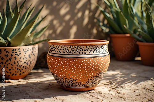 IA generated Talavera dot terracotta planter mockup. Mexican botanical shop branding template with sun-baked clay texture.
