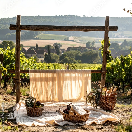 Romantic outdoor picnic setting in a sunny vineyard with wooden frame and baskets.