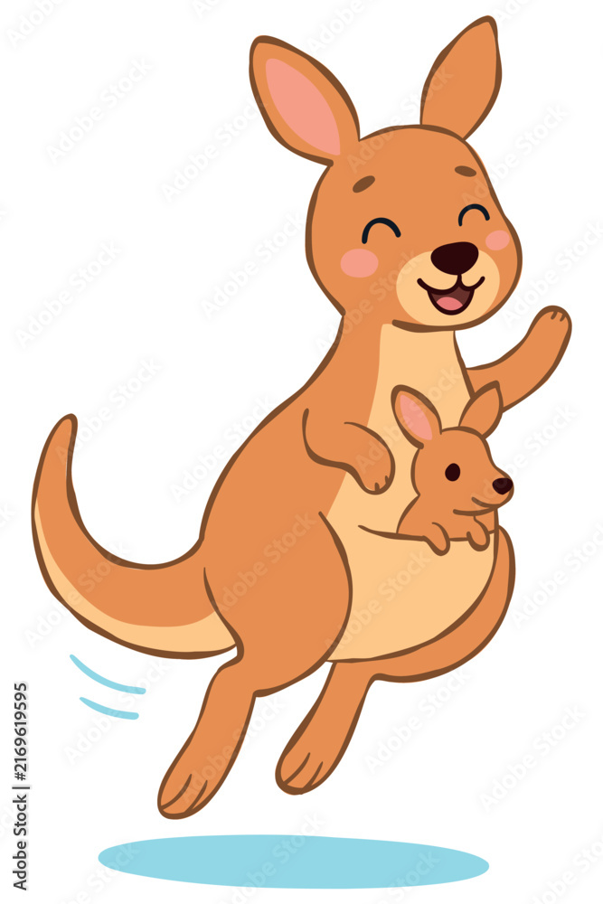 Obraz premium Cute cartoon kangaroo mother with baby in pouch hopping