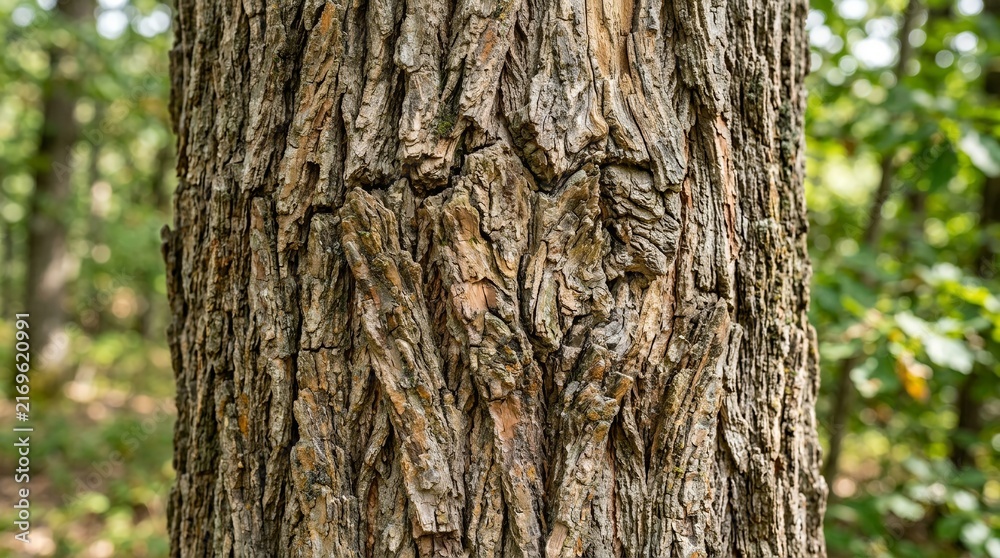 Obraz premium Close-up of rough tree bark texture in a forest setting.
