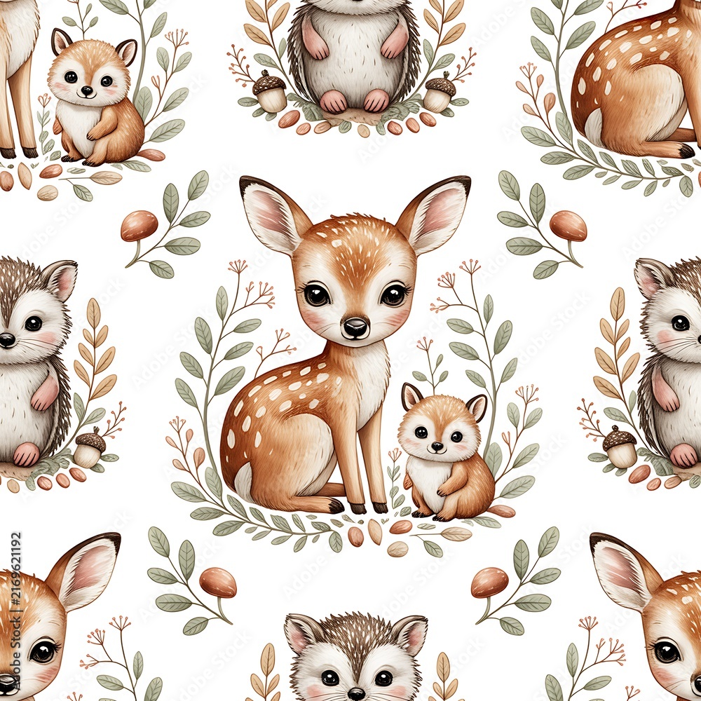 Naklejka premium Woodland Nursery Seamless Pattern with Deer and Forest Animals 