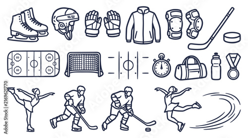 Canvas Print Collection of Ice Hockey and Figure Skating Equipment Linear Icons featuring Pla