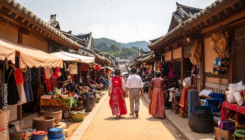 People walking through a traditional Korean market street in a historic village.