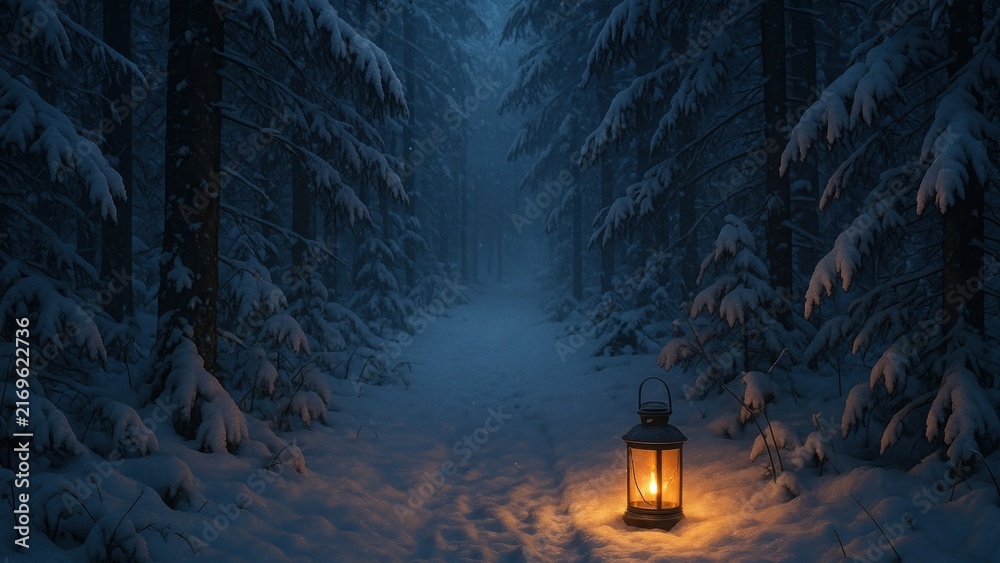 Fototapeta premium Mystical snowy forest lantern path wallpaper for desktop