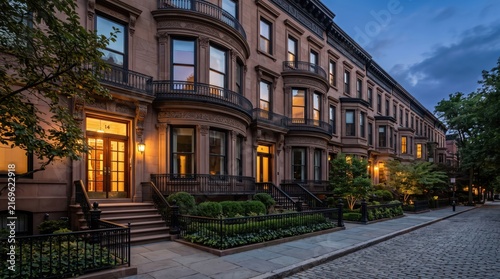 Brownstone row houses with bay windows on cobblestone street at dusk