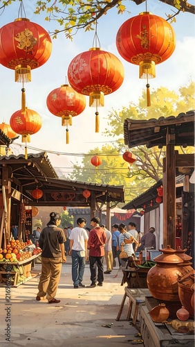 People walking through a traditional market decorated with red Chinese lanterns.