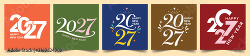 2027 Happy New Year Elegant Typography Design Set. Collection of Number 2027 Greeting Cards, Posters and Celebration Templates. Vector Illustration