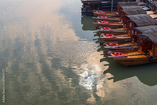 Wooden boats moored in the ancient water towns of Jiangnan