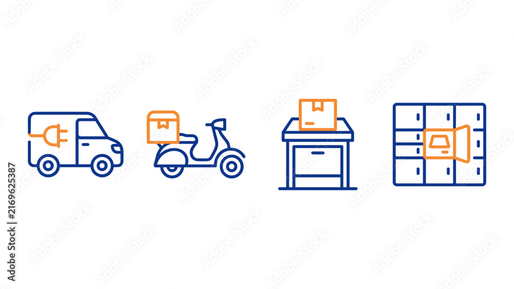 Obraz premium Smart Parcel Delivery and Eco Logistics Line Icon Set with Electric Van Scooter Pickup Desk and Locker