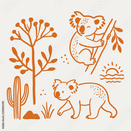 Photography Cute hand drawn koala bear set with plants and sun vector illustration