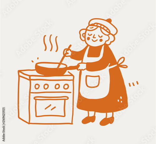 Cute Hand Drawn Elderly Woman Cooking Food on Stove Vector Illustration