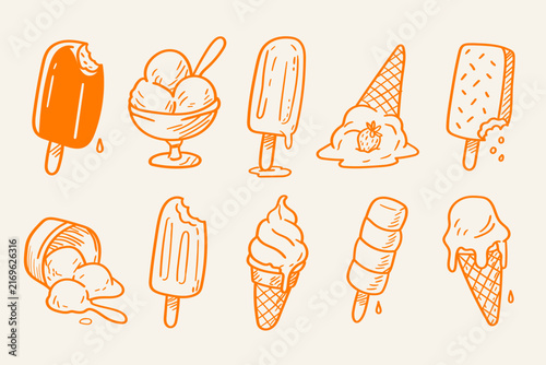 Cute hand drawn orange line art illustration of ice cream set with cones popsicles sundae and scoops