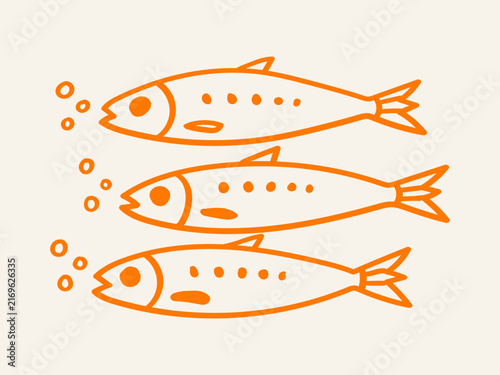 Cute hand drawn orange line art illustration of three swimming sardines fish set with water bubbles