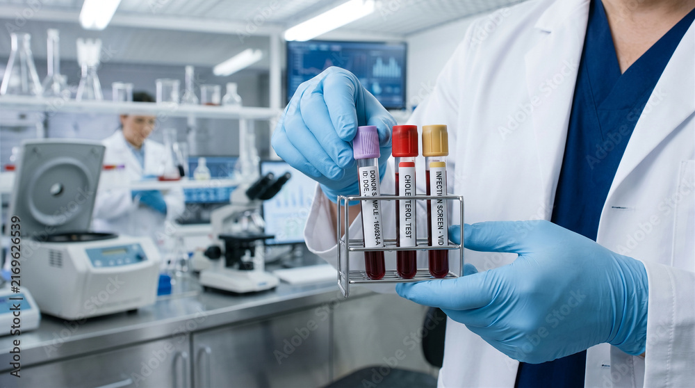 Fototapeta premium Medical scientist holding blood sample test tubes in laboratory. Clinical researcher analyzing blood vials in modern lab. Healthcare professional with medical samples.