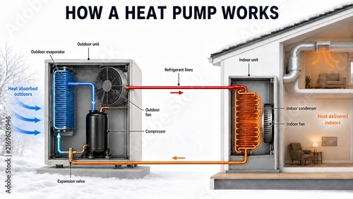 Educational cutaway diagram showing how a heat pump works. Cross section HVAC system illustration with outdoor unit, compressor, refrigerant lines, and indoor heating delivery