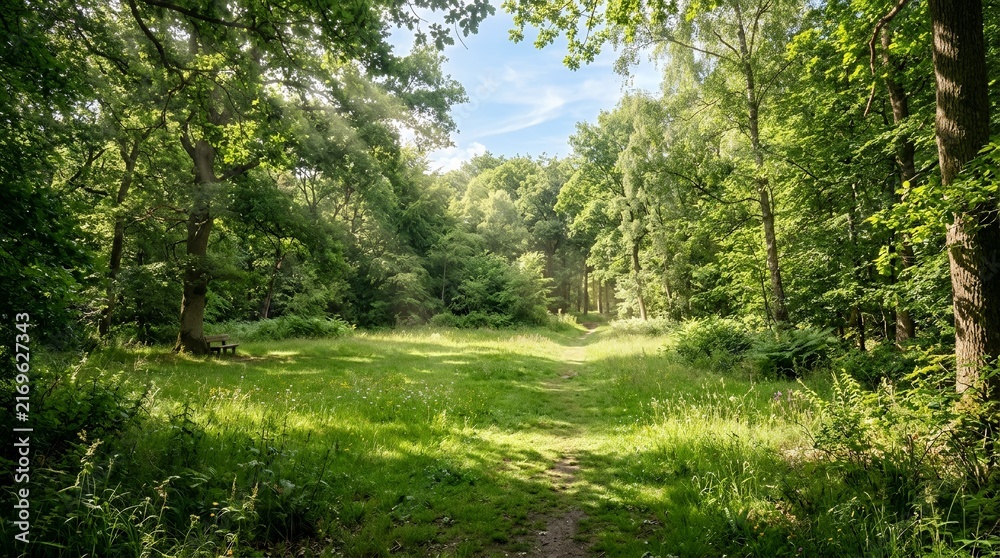 Fototapeta premium Sunlit forest clearing with lush green trees and dappled sunlight.