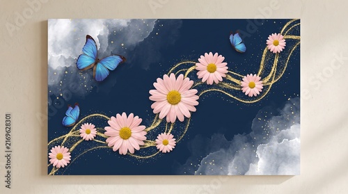 3D Pink Daisy Flowers with Blue Butterflies and Golden Glitter Swirls on Dark Navy Background 4K Wallpaper, HD