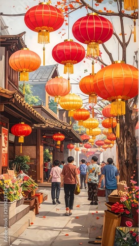 People walking through a traditional street decorated with red lanterns for Lunar New Year.
