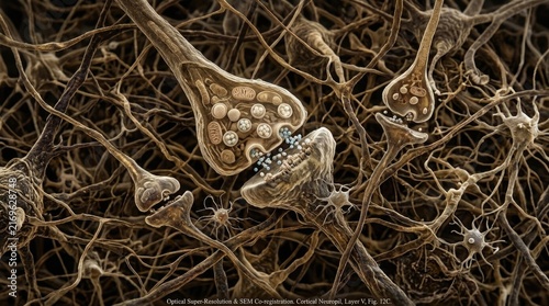 Neuron reveals neural signal transmission mechanism, detailing a thinkable process, brain cognitive thinking, demonstrating hormone release, synaptic communication, chemical interaction.